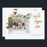 Elegant Gold Calligraphy Three Photo Christmas Holiday Card<br><div class="desc">Design features your photo collage against Christmas holly floral and a modern frame.  Faith,  Hope,  Love in brushed-gold calligraphy sets it off for the 2021 holiday season.  Easily customize your name(s),  year,  and photo to make it your own.</div>