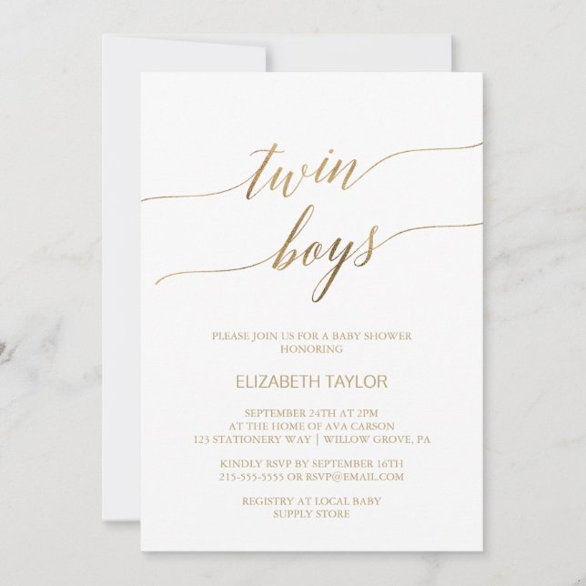 Elegant Gold Calligraphy Twin Boys Baby Shower Invitation (Front)