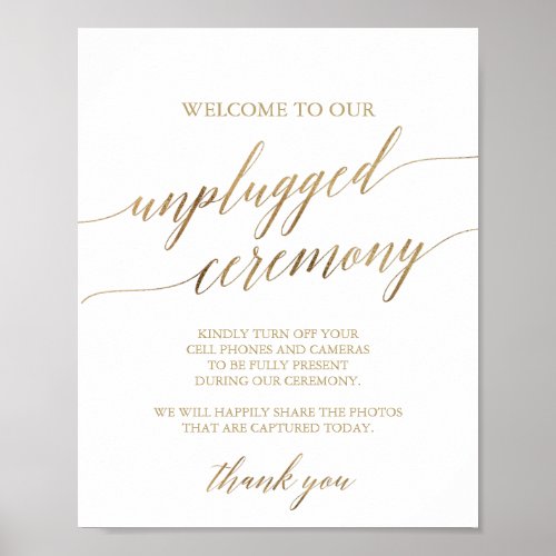 Elegant Gold Calligraphy Unplugged Ceremony Sign