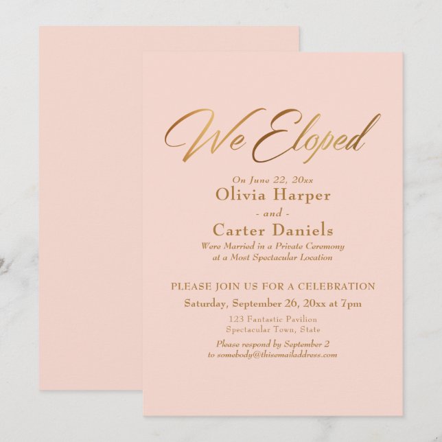 Elegant Gold Calligraphy We Eloped Blush Reception Invitation (Front/Back)