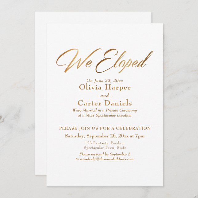 Elegant Gold Calligraphy We Eloped Reception Invitation (Front/Back)