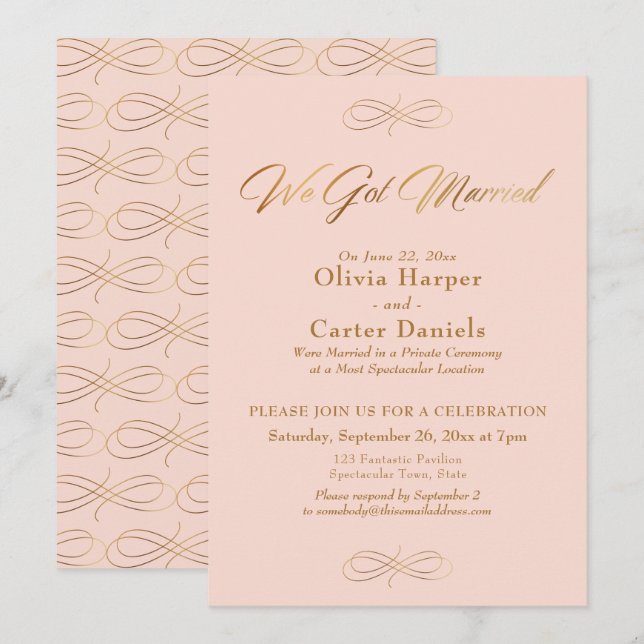 Elegant Gold Calligraphy We Got Married Blush Pink Invitation (Front/Back)