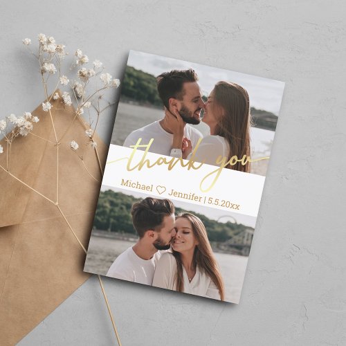 elegant gold calligraphy wedding 2 photos collage thank you card