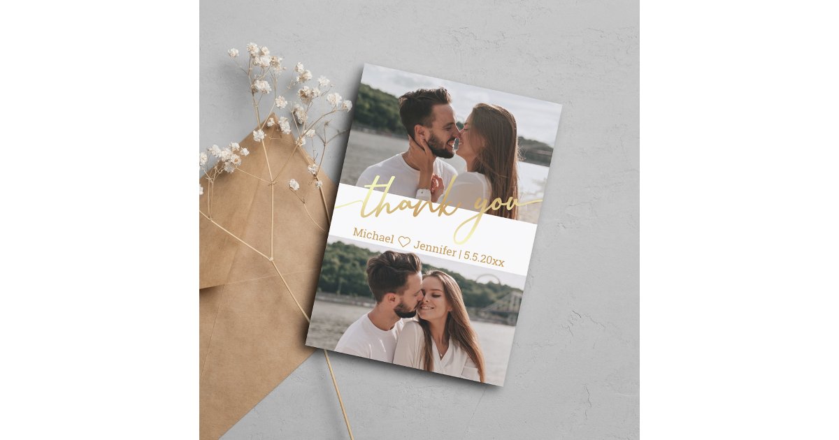 elegant gold calligraphy wedding 2 photos collage thank you card | Zazzle