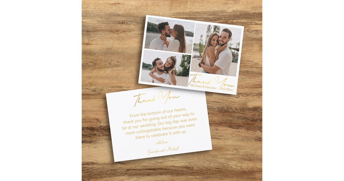 elegant gold calligraphy wedding 3 photo collage thank you card | Zazzle