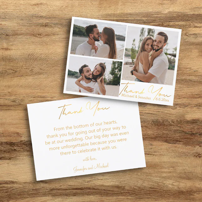 elegant gold calligraphy wedding 3 photo collage thank you card | Zazzle