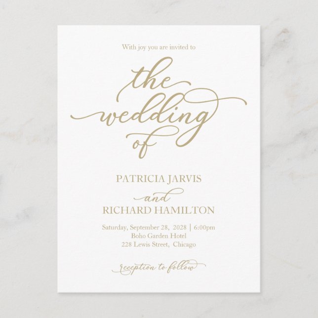 Elegant Gold Calligraphy Wedding Invitation Postcard (Front)