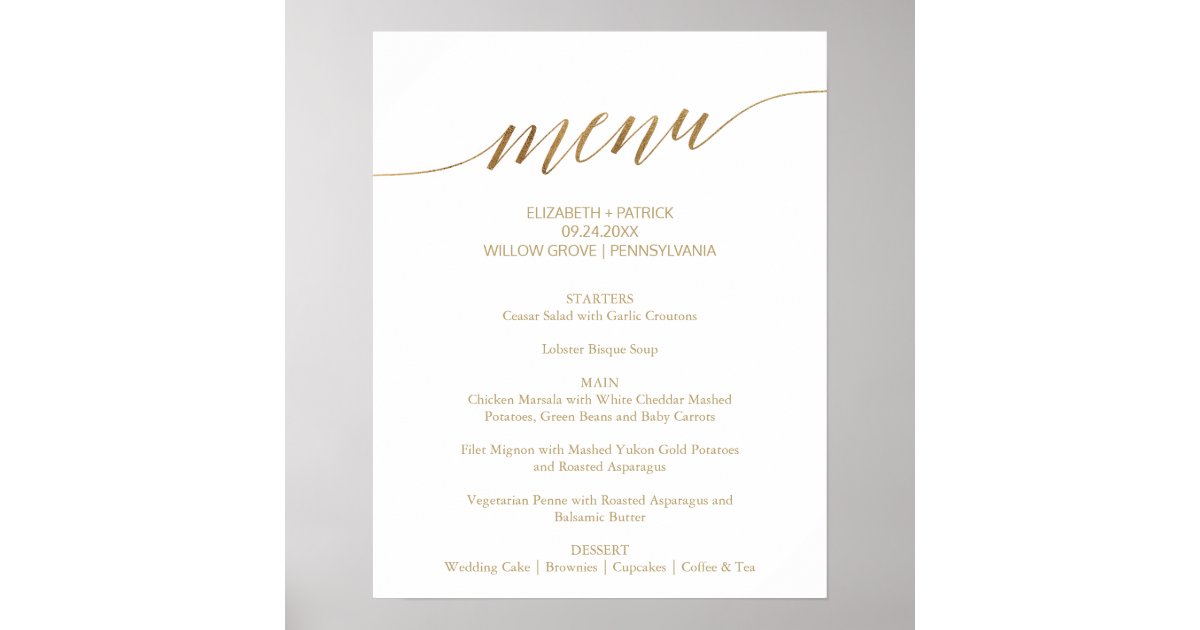 Elegant Gold Calligraphy Wedding Menu Sign | Zazzle.com