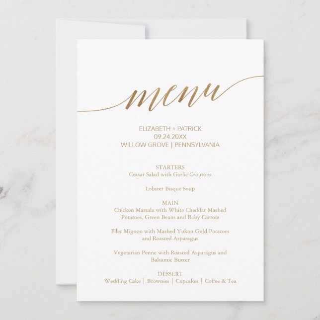 Elegant Gold Calligraphy Wedding Menu Table Sign Invitation (Front)