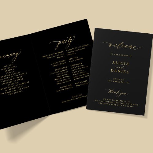 Elegant gold calligraphy wedding party black program