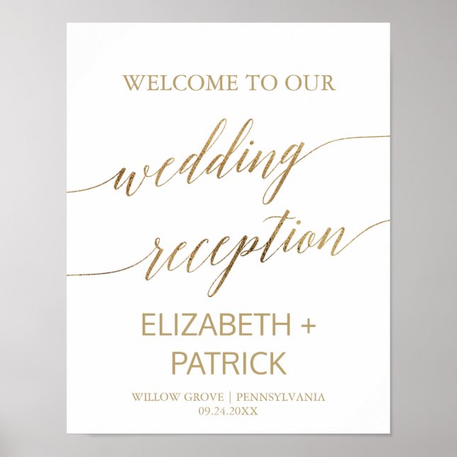 Elegant Gold Calligraphy Wedding Reception Welcome Poster (Front)