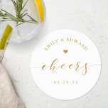 Elegant Gold Calligraphy Wedding Rehearsal Dinner Round Paper Coaster<br><div class="desc">Wedding coasters featuring elegant "cheers" gold calligraphy with personalized name.</div>