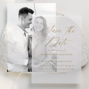 Elegant Gold Calligraphy Wedding Save the Dates Vellum Invitations