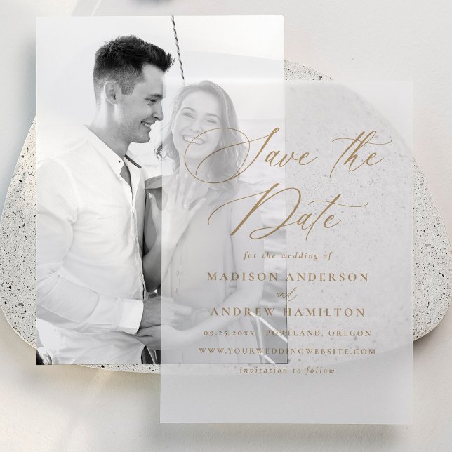 Elegant Gold Calligraphy Wedding Save the Dates Vellum Invitations (Creator Uploaded)