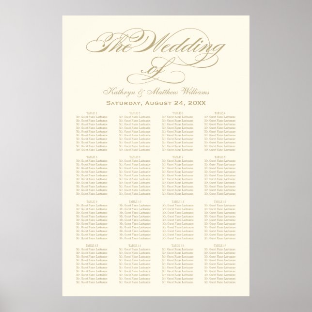 Elegant Gold Calligraphy Wedding Seating Chart (Front)