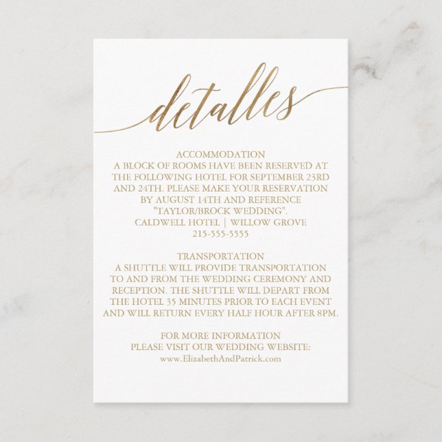 Elegant Gold Calligraphy Wedding Spanish Detalles Enclosure Card (Front)