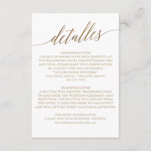 Elegant Gold Calligraphy Wedding Spanish Detalles Enclosure Card