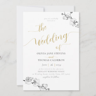 Elegant Gold Calligraphy White Orchid Wedding Invitation