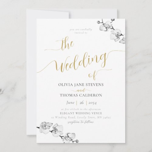 Elegant Gold Calligraphy White Orchid Wedding Invitation