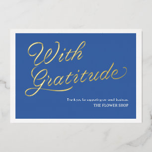 Elegant Gold Calligraphy With Gratitude Navy Blue  Foil Holiday Card