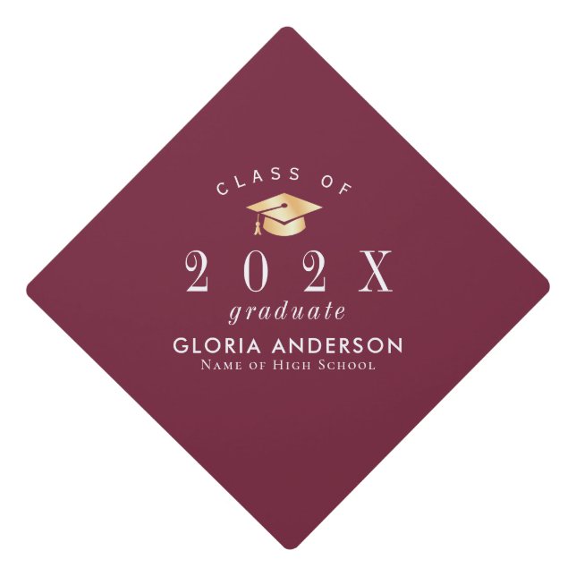 Elegant Gold Cap Maroon Graduation Cap Topper (Front)
