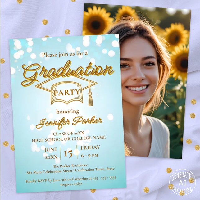 Elegant Gold Cap on Blue Photo Graduation Party Invitation (Creator Uploaded)