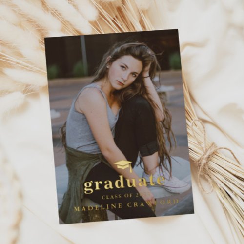 Elegant Gold Cap Portrait Photo Graduation Foil Invitation