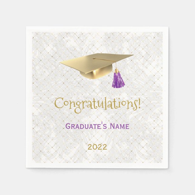 Elegant Gold Cap Purple Congratulations Graduation Napkins (Front)