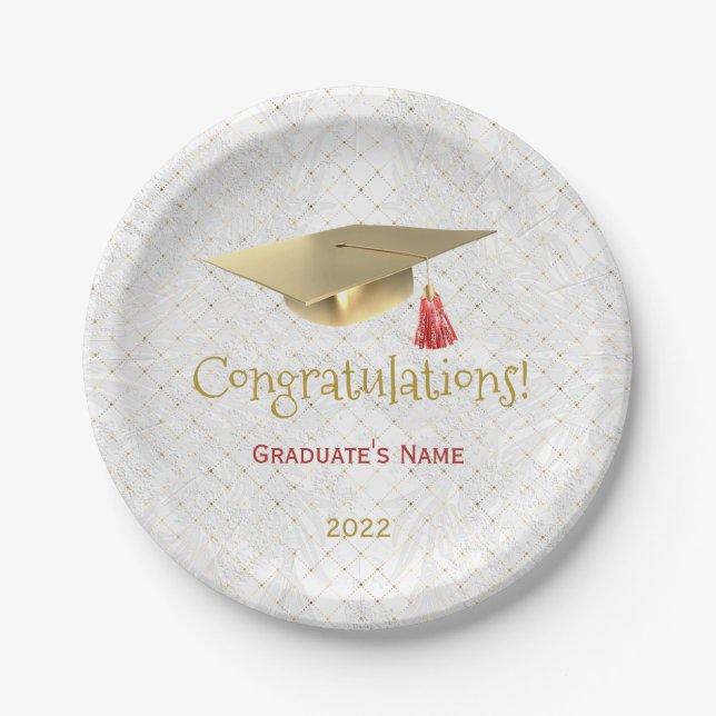 Elegant Gold Cap Red Congratulations Graduation Paper Plates (Front)