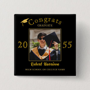 Elegant Gold Cap Typography Graduation Party Photo Button