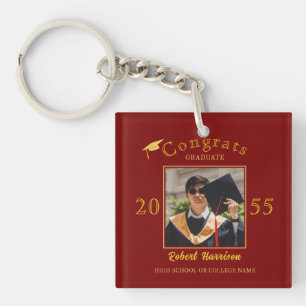 Elegant Gold Cap Typography Graduation Party Photo Keychain