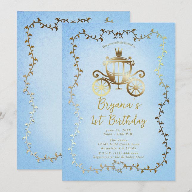 Elegant Gold Carriage Blue Storybook 1st Birthday Invitation (Front/Back)