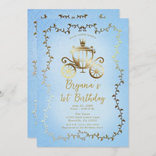 Elegant Gold Carriage Blue Storybook 1st Birthday Invitation