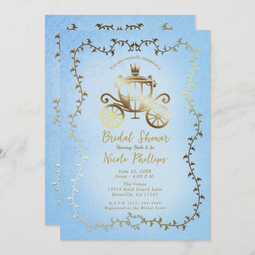 Elegant Gold Carriage Blue Storybook Bridal  Invitation