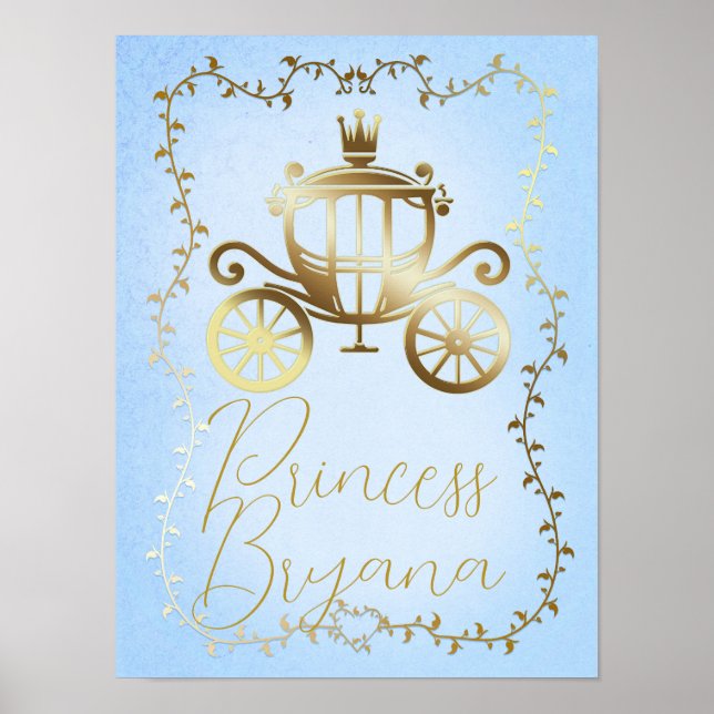 Elegant Gold Carriage Blue Storybook Personalized Poster (Front)