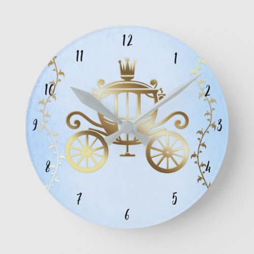 Elegant Gold Carriage Blue Storybook Princess Round Clock