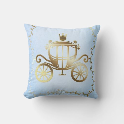 Elegant Gold Carriage Blue Storybook Princess Throw Pillow