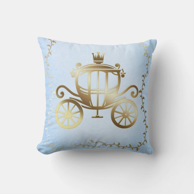 Elegant Gold Carriage Blue Storybook Princess Throw Pillow (Front)