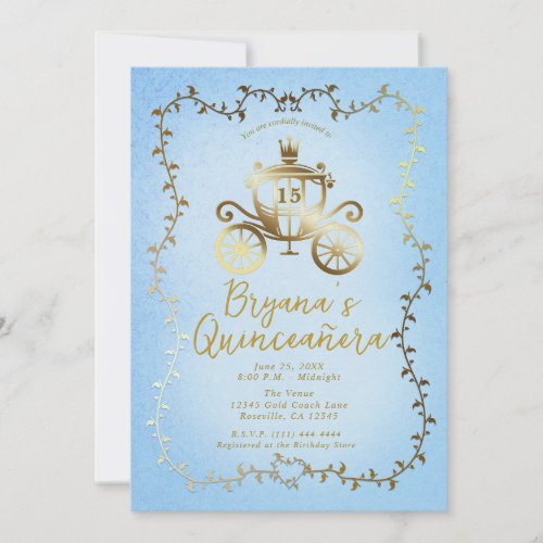 Elegant Gold Carriage Blue Storybook Quinceaera Invitation