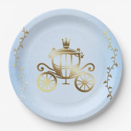 Elegant Gold Carriage Blue Storybook Royal Paper Plates