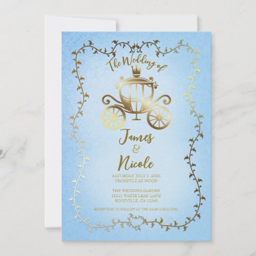 Elegant Gold Carriage Blue Storybook Wedding Invitation
