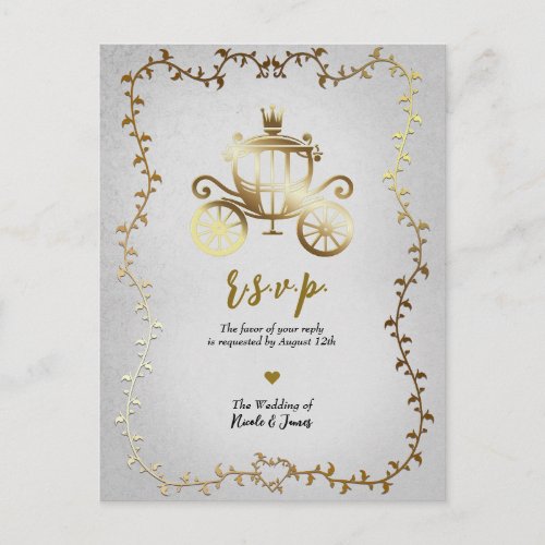 Elegant Gold Carriage Storybook Wedding RSVP  Announcement Postcard