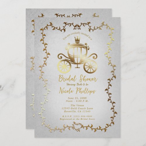 Elegant Gold Carriage White Storybook Bridal  Invitation