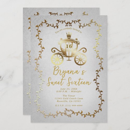 Elegant Gold Carriage White Storybook Sweet 16 Invitation