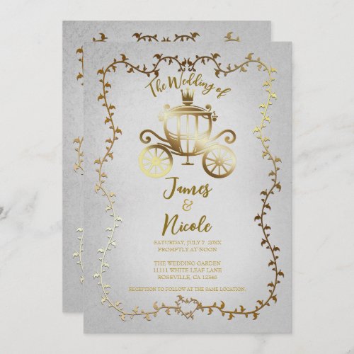 Elegant Gold Carriage White Storybook Wedding Invitation
