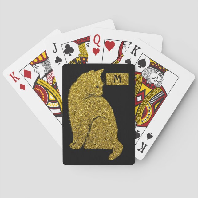 Elegant Gold Cat on Black Cat Lover Monogram Poker Cards (Back)