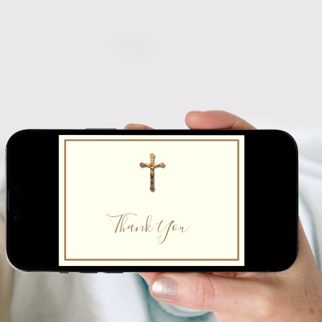 Elegant Gold Catholic Crucifix Religious Thank You Holiday Card (Front Digital)