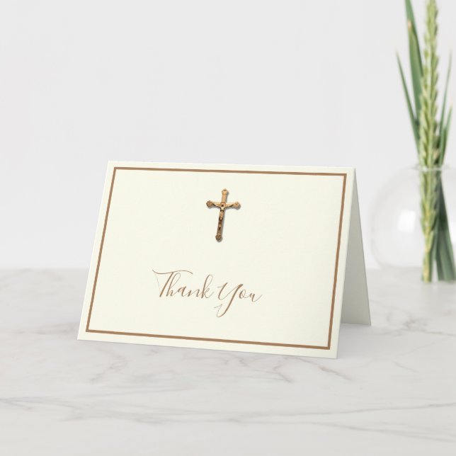 Elegant Gold Catholic Crucifix Religious Thank You Holiday Card (Front)