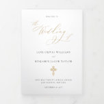 Elegant Gold Catholic Wedding Mass Tri-Fold Program<br><div class="desc">Wow your wedding ceremony guests with this luxurious, trifold Catholic wedding program designed for a ceremony with a full mass. It features an elegant, gold calligraphy script font with romantic, swirling flourishes, giving you the look of high-end, handwritten calligraphy for much less. The cover also includes an intricately drawn Christian...</div>