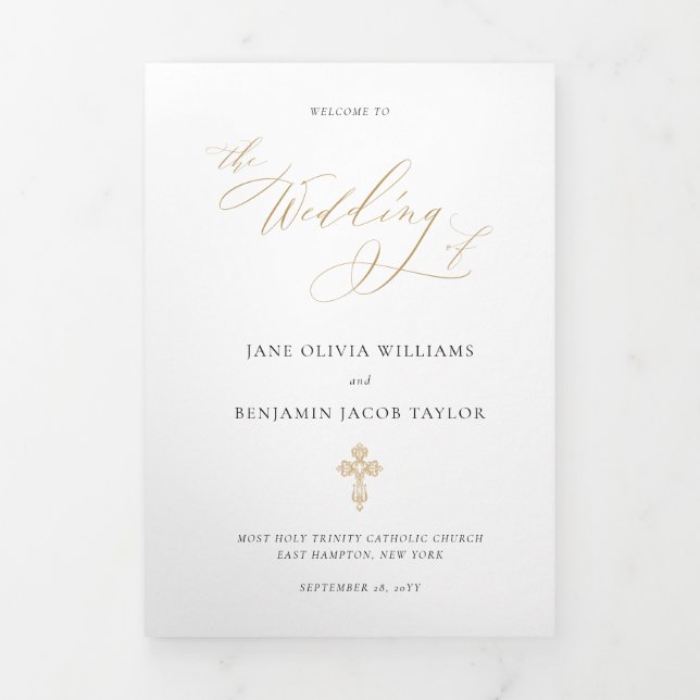 Elegant Gold Catholic Wedding Mass Tri-Fold Program (Cover)